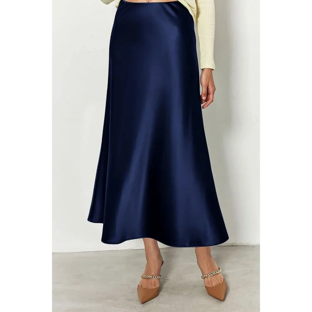 Women's Navy Blue High Waisted Cocktail Satin Flowy Elegant A Line Midi Skirt - Picture 3 of 6